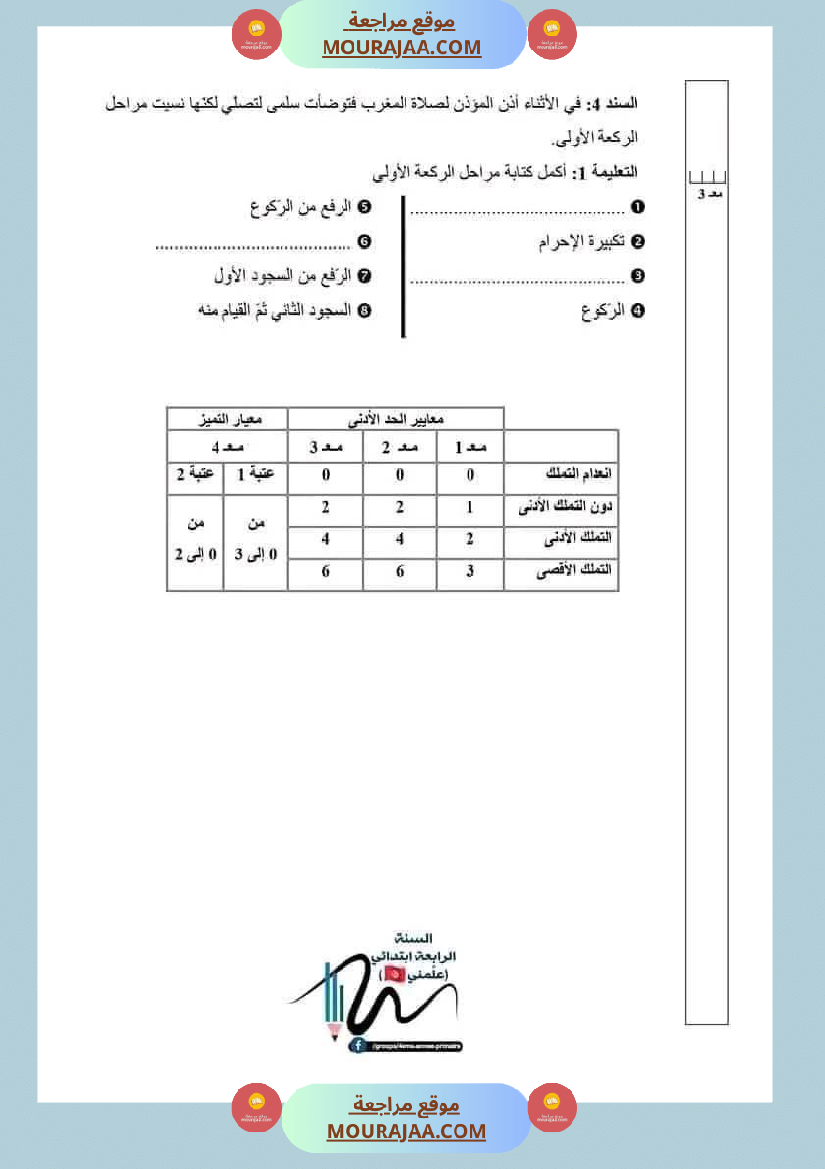 اختبارات تربية اسلامية ثلاثي ثاني لأبطال السنة الرابعة