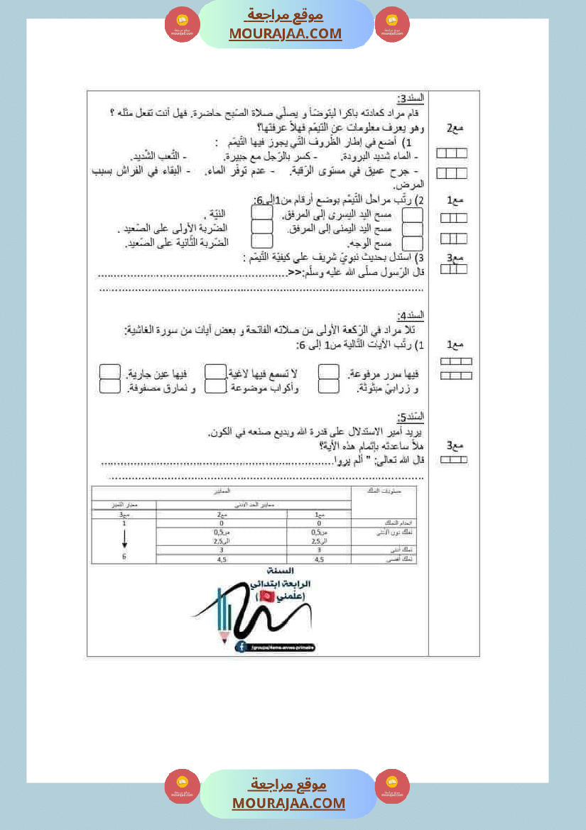 تربية اسلامية للسنة الرابعة الثلاثي الثاني