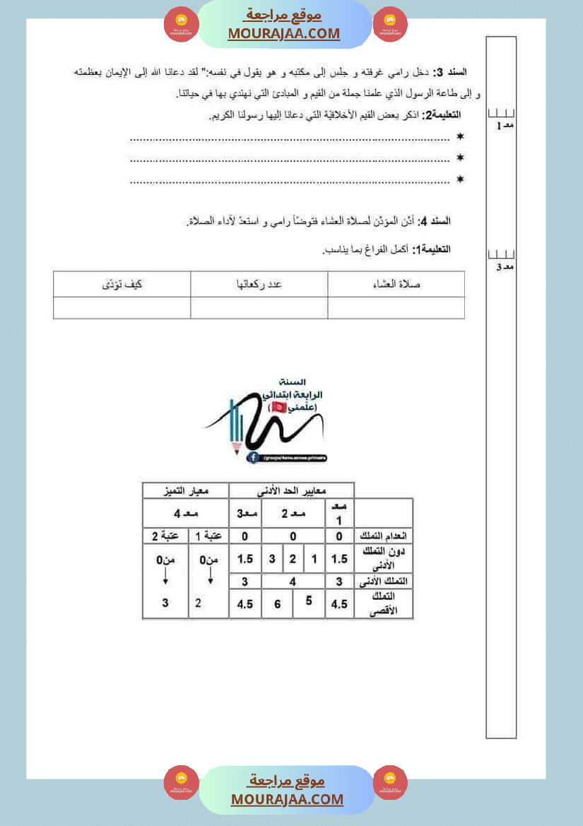 تربية اسلامية للسنة الرابعة الثلاثي الثاني