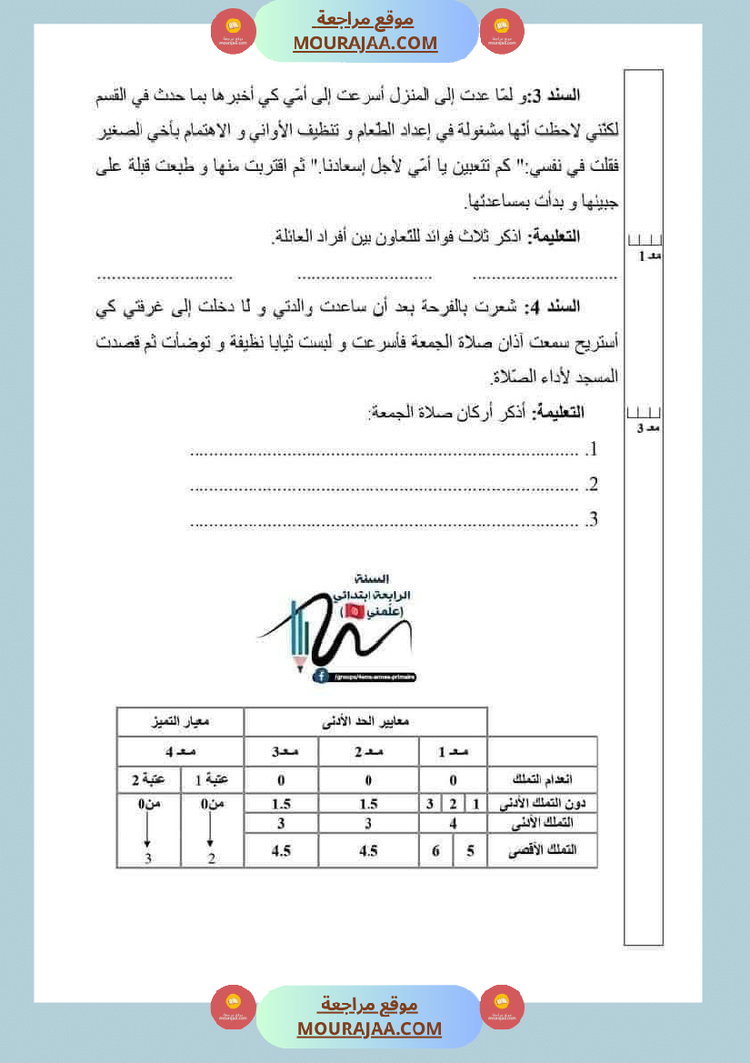 تربية اسلامية للسنة الرابعة الثلاثي الثاني