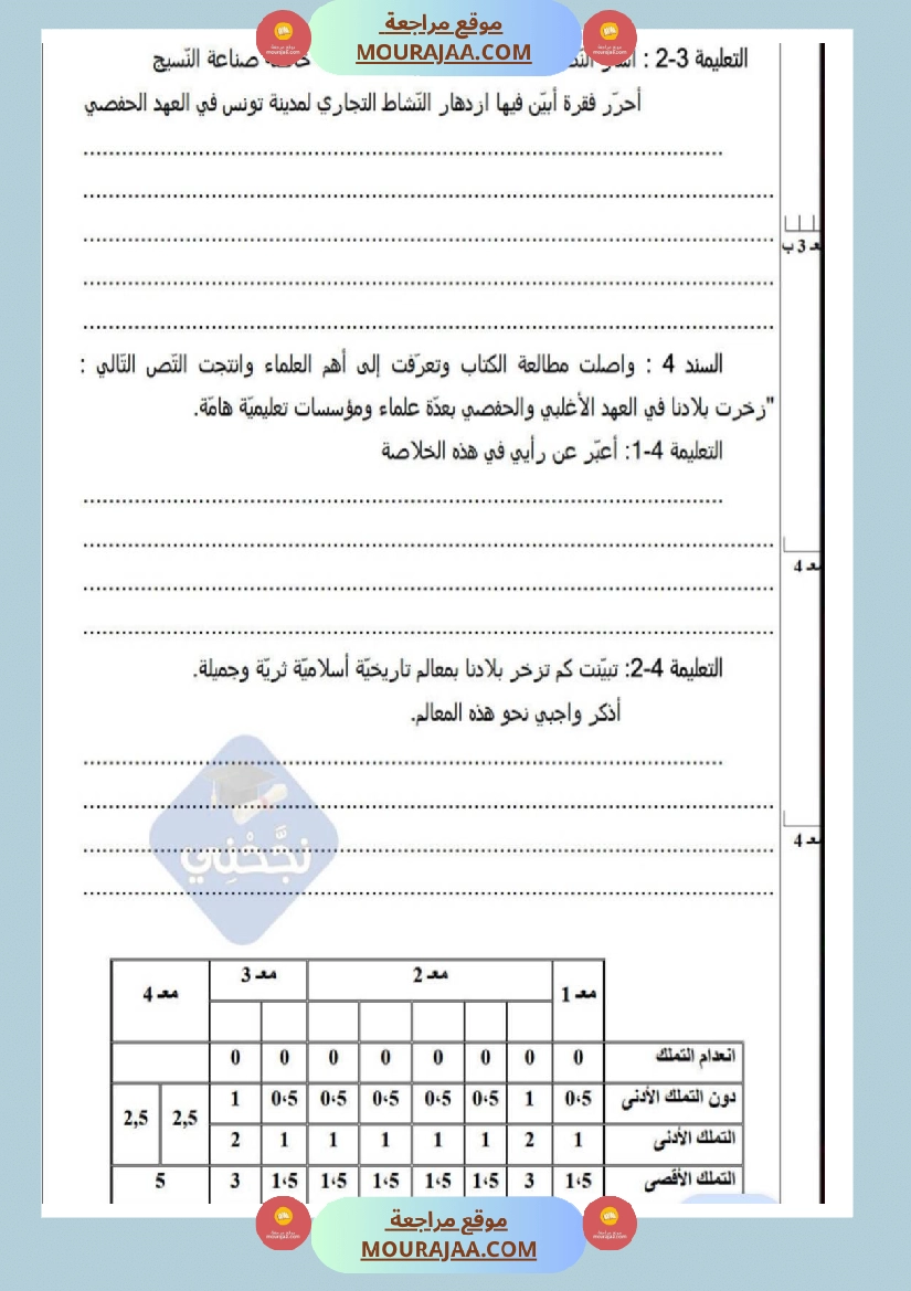 امتحانات تاريخ سنة خامسة ابتدائي ثلاثي الثالث  صفحة 4