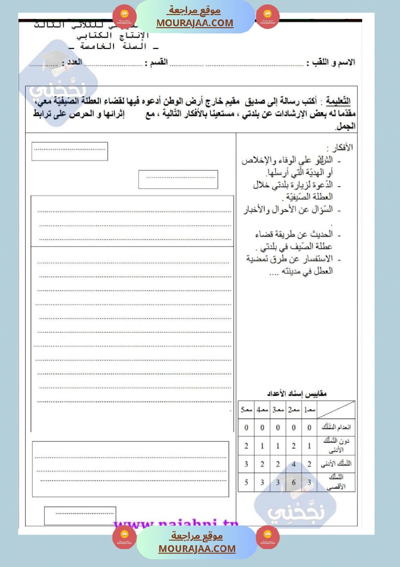 امتحانات إنتاج كتابي سنة خامسة ابتدائي ثلاثي الثالث  صفحة 4
