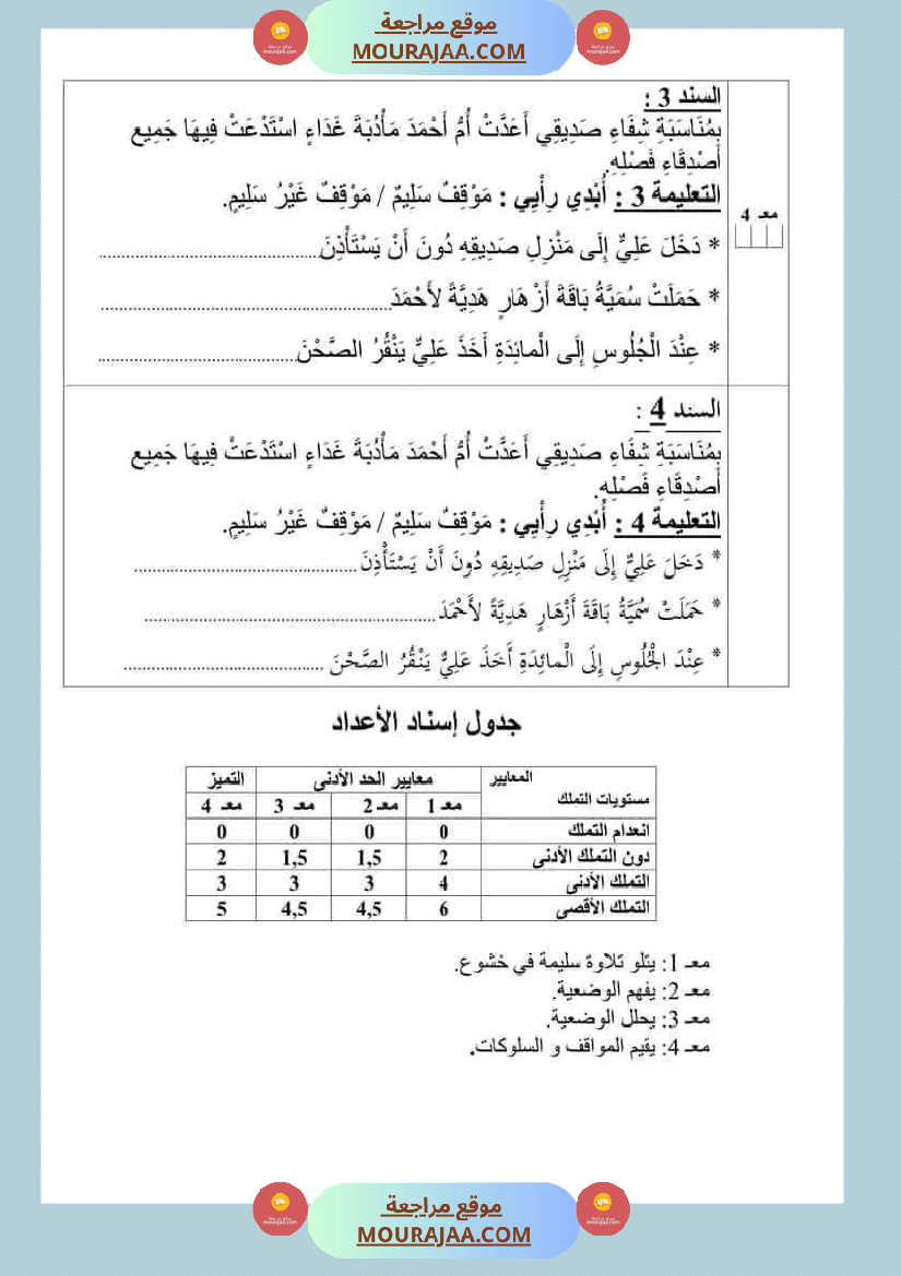 امتحانات تربية إسلامية سنة ثانية ابتدائي ثلاثي الثالث 