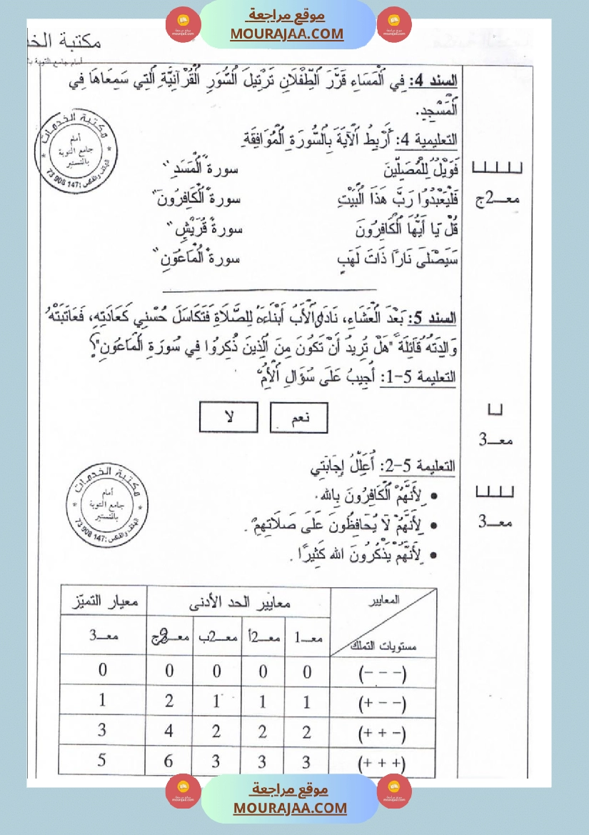 امتحانات تربية إسلامية سنة اولي ثلاثي الثالث  صفحة 5