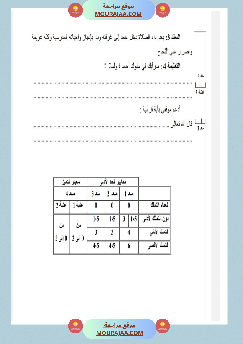 امتحانات تربية إسلامية سنة رابعة ثلاثي الثالث 