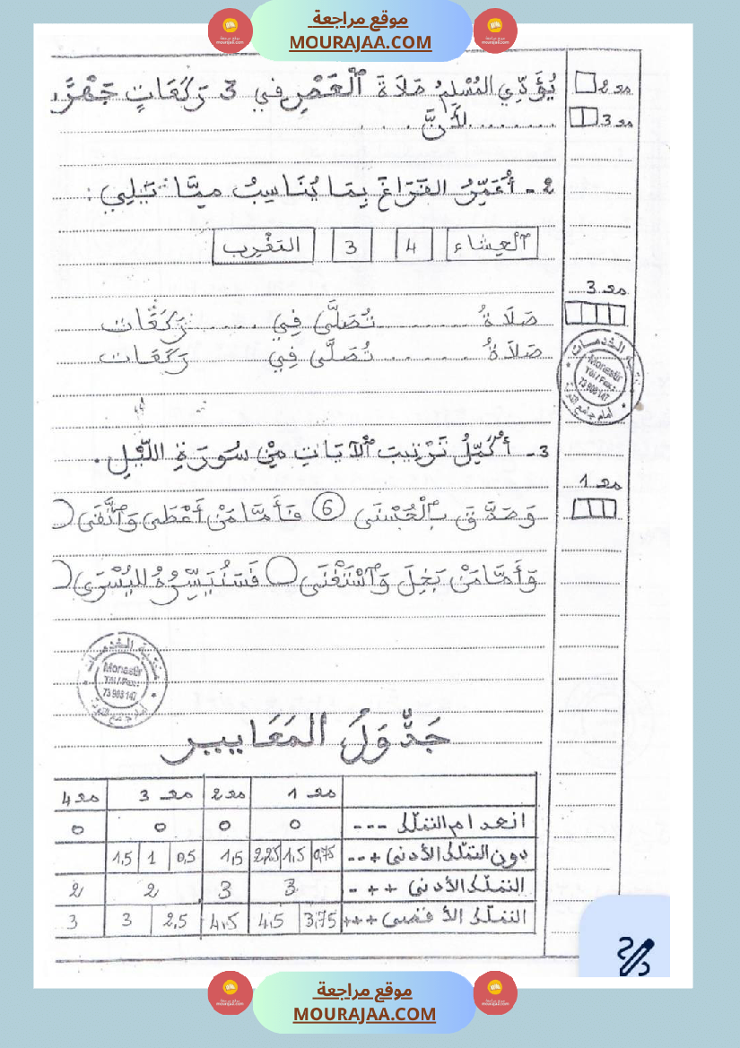 امتحانات تربية إسلامية سنة رابعة ثلاثي الثالث 
