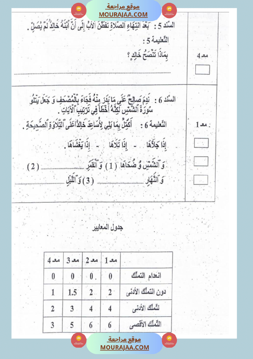 امتحانات تربية إسلامية سنة رابعة ثلاثي الثالث 