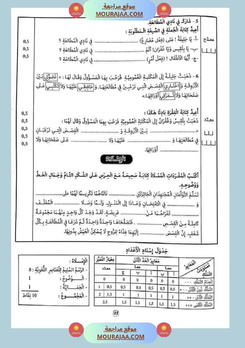 امتحان قواعد اللغة سنة ثالثة ثلاثي الثالث 