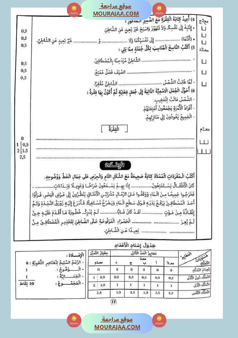 امتحان قواعد اللغة سنة ثالثة ثلاثي الثالث 