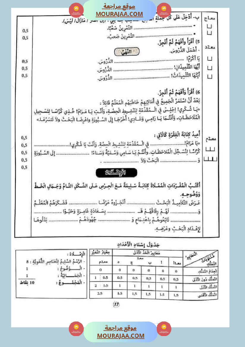امتحان قواعد اللغة سنة ثالثة ثلاثي الثالث 