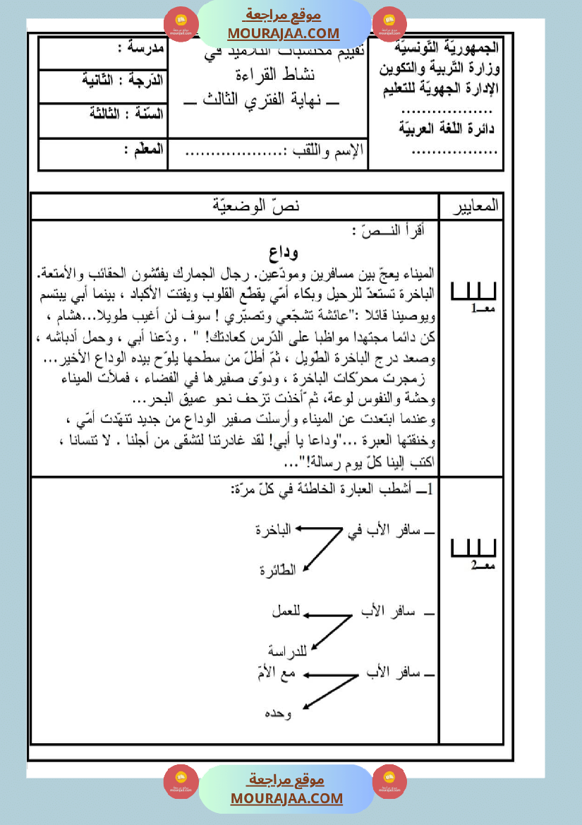 امتحانات قراءة سنة ثالثة ثلاثي الثالث 