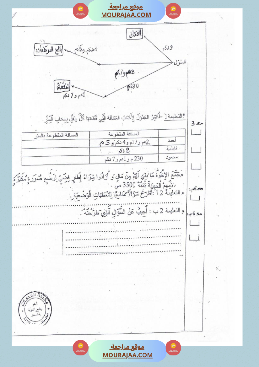 امتحانات رياضيات سنة ثالثة ابتدائي ثلاثي الثالث