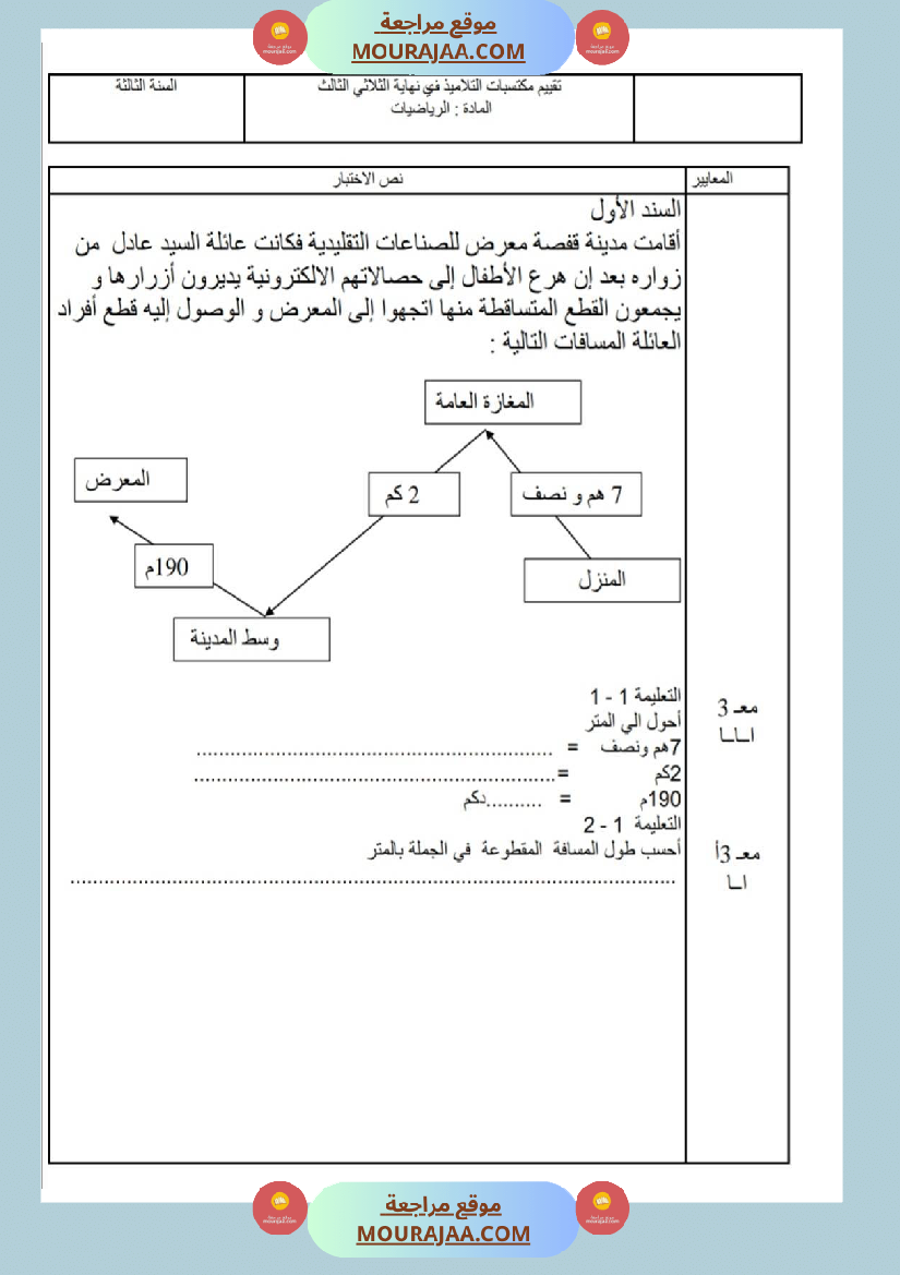 امتحانات رياضيات سنة ثالثة ابتدائي ثلاثي الثالث