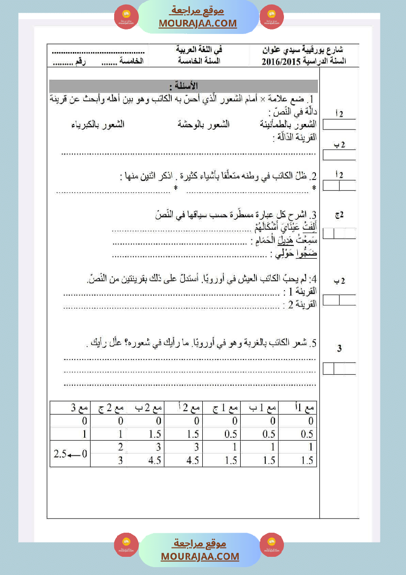 سنة خامسة امتحانات في قواعد لغة الثلاثي الاول