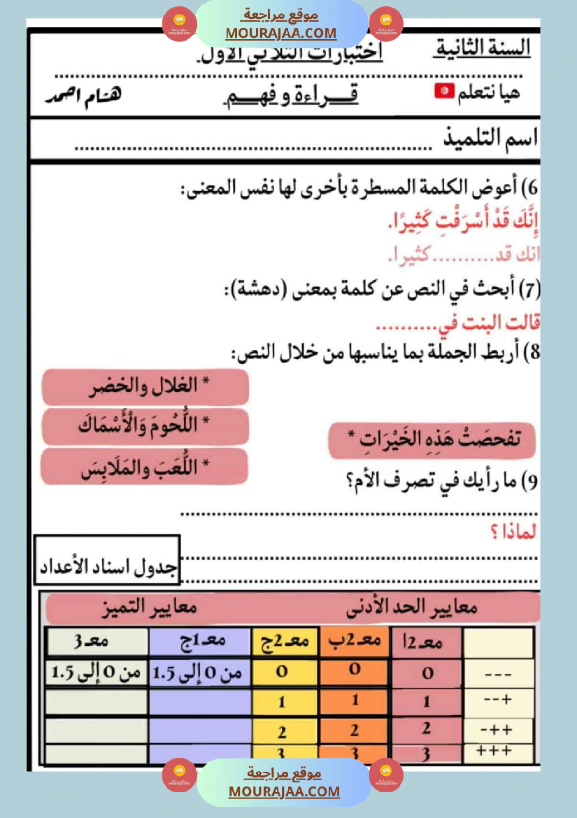 الاختبارات سنة الثانية الثلاثي الاول كل المواد