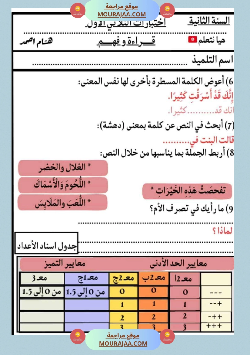 الاختبارات سنة الثانية الثلاثي الاول كل المواد صفحة 12