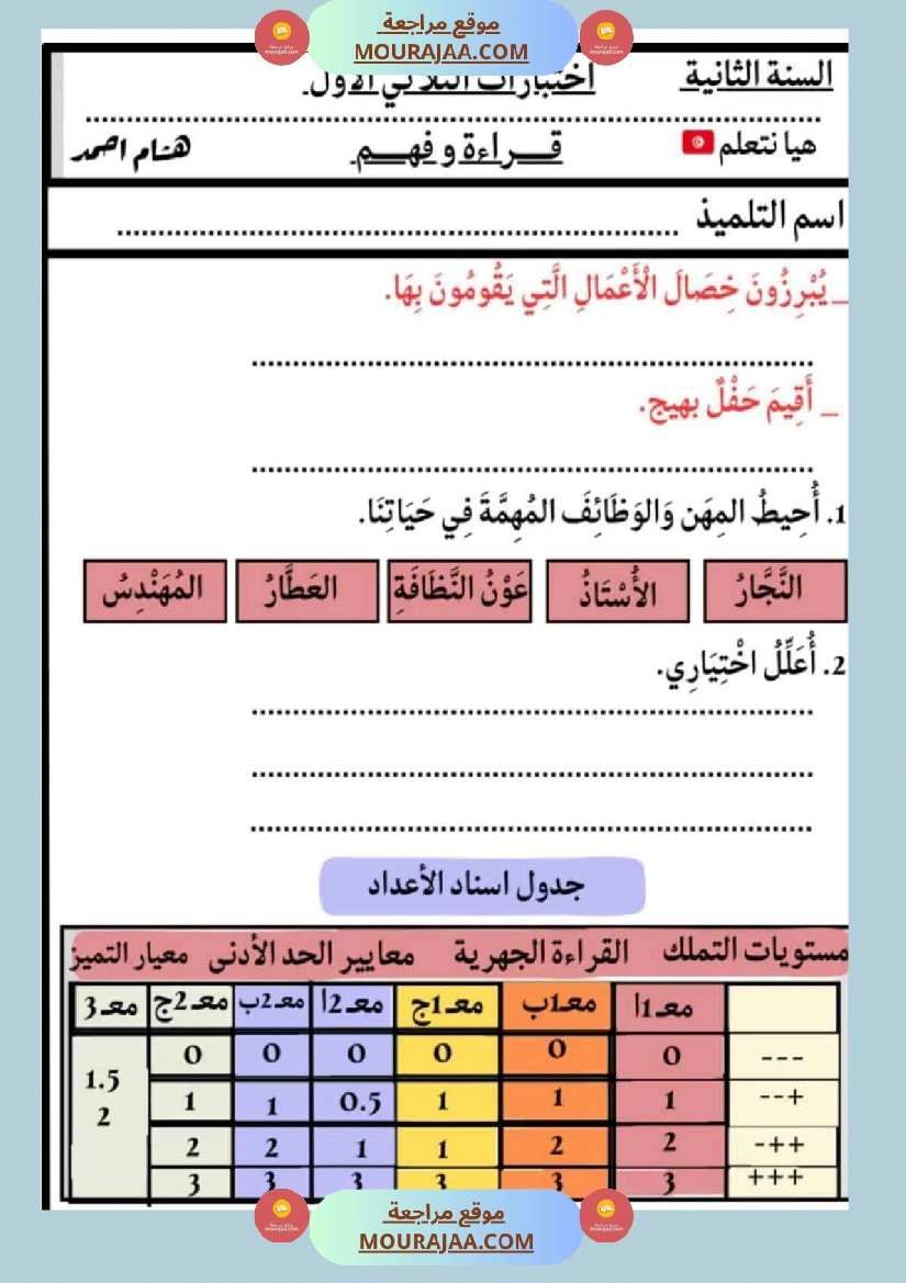 الاختبارات سنة الثانية الثلاثي الاول كل المواد صفحة 9