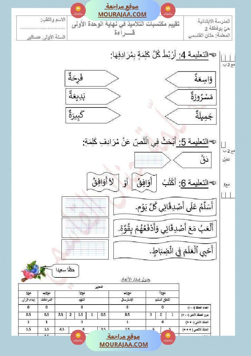 تقييم الوحدة الاولى سنة اولى 