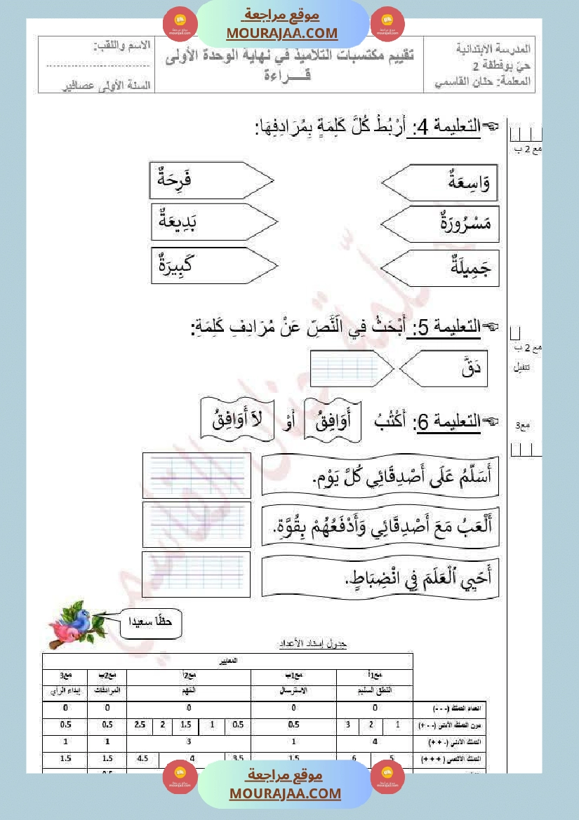 تقييم الوحدة الاولى سنة اولى  صفحة 2
