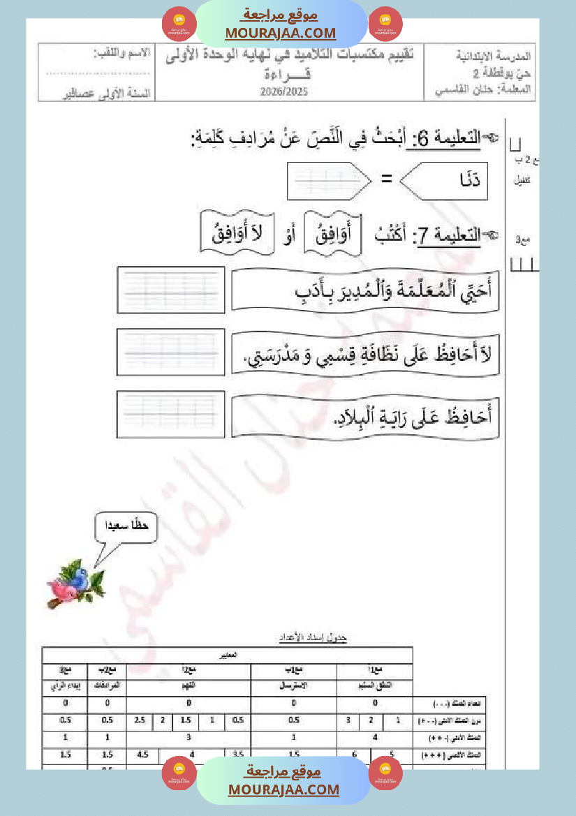 سنة اولى تقييم في مادة القراءة نهاية الوحدة الاولى