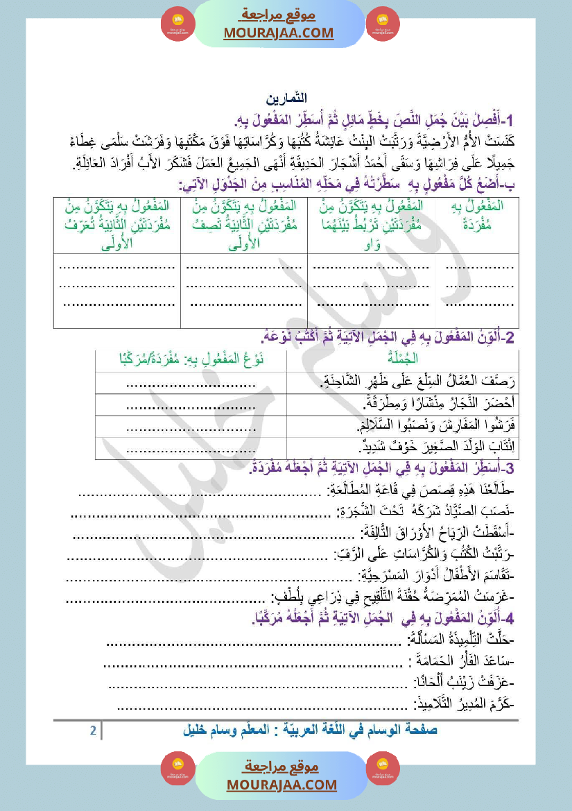 السنة الرابعة المفعول به القواعد والتمارين مع الإصلاح ثلاثي الاول