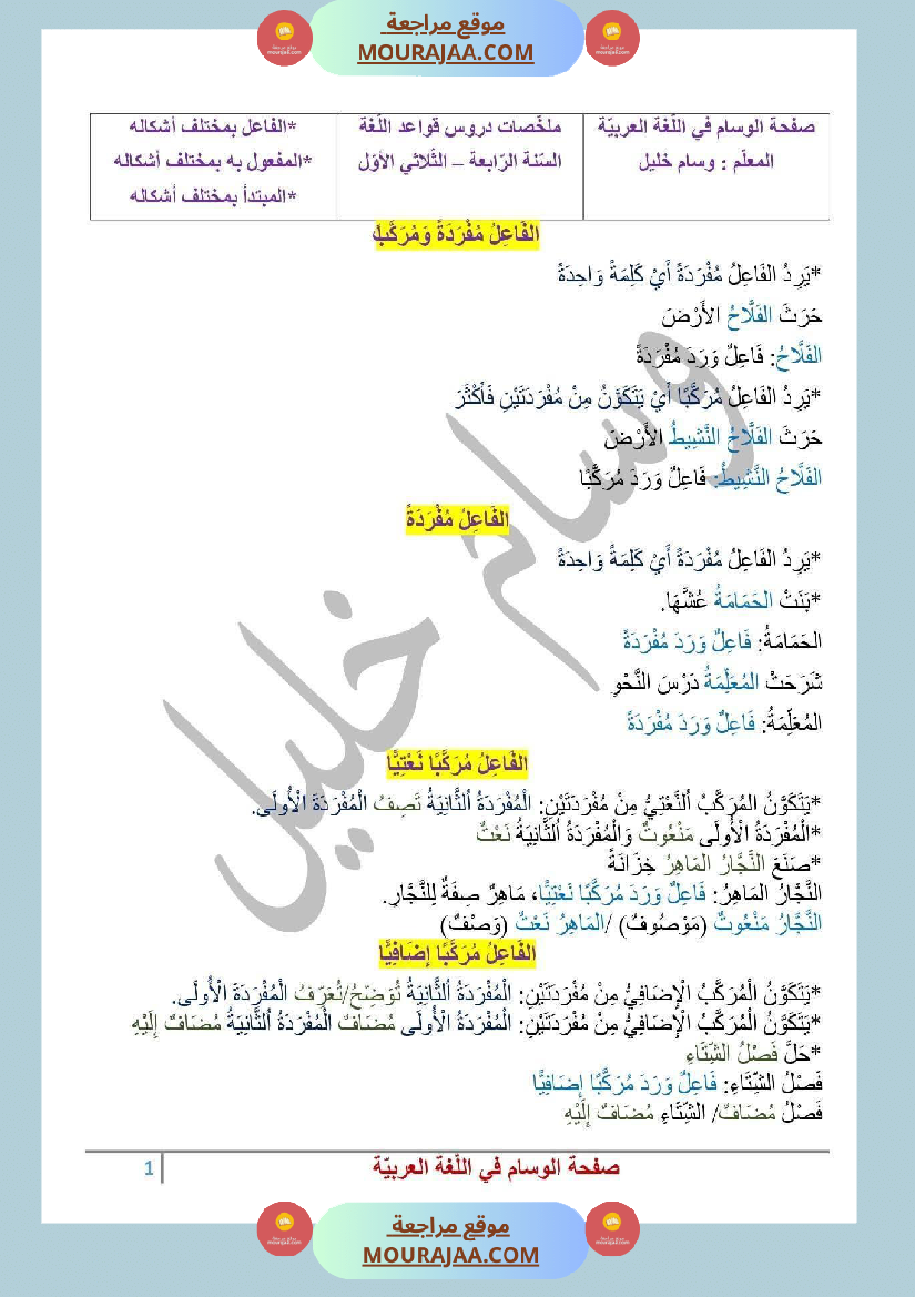 السنة الرابعة ملخص دروس قواعد اللغة الثلاثي الاول