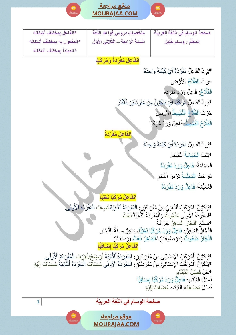السنة الرابعة ملخص دروس قواعد اللغة الثلاثي الاول
