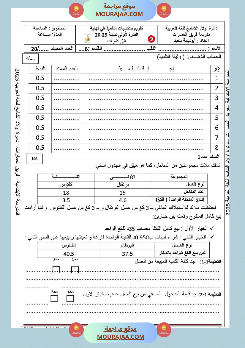 تقييم لتلاميذ السنة السادسة في الفترة الاولى مع الاصلاح 
