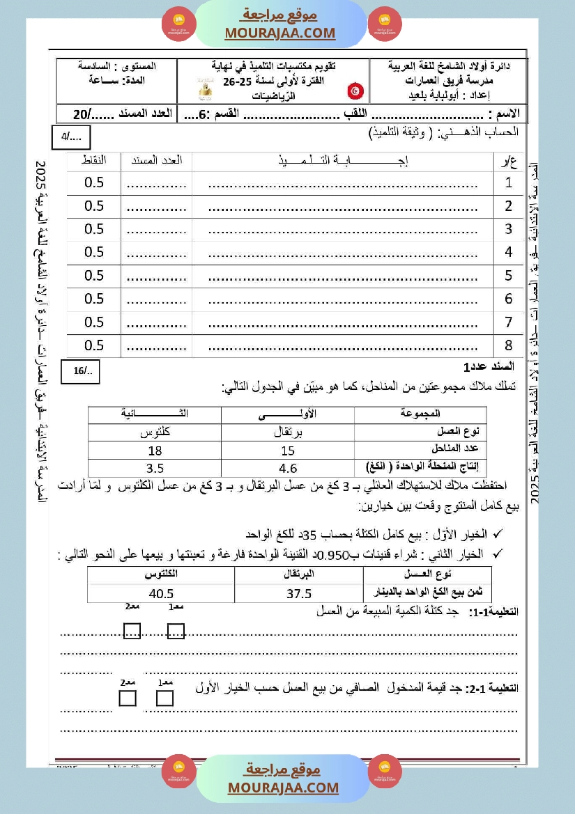 تقييم لتلاميذ السنة السادسة في الفترة الاولى مع الاصلاح 