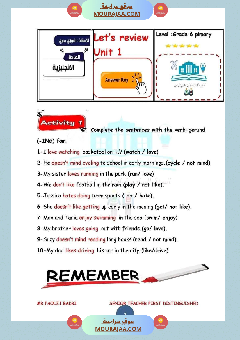 إنجليزية للسنة السادسة المحور الاول 