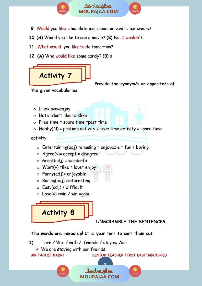 إنجليزية للسنة السادسة المحور الاول 