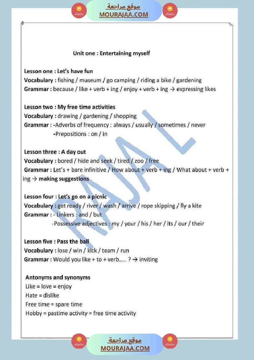 سنة السادسة انقليزية unit one