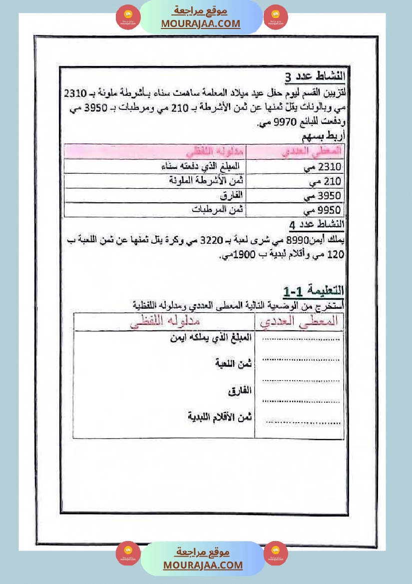 رياضيات السنة الثالثة الثلاثي الأول صفحة 2