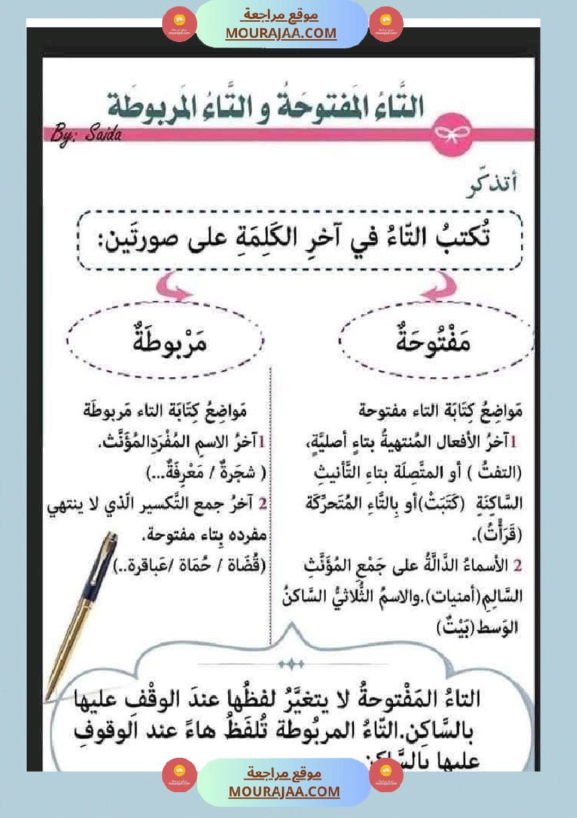 كيف نفرق بين التاء المفتوحة والمربوطة شرح مفصل مع تمارين  صفحة 6