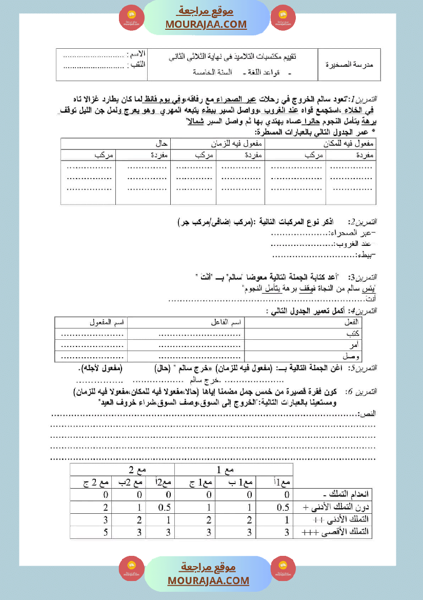 تقييمات قواعد اللغة السنة الخامسة الثلاثي الثاني