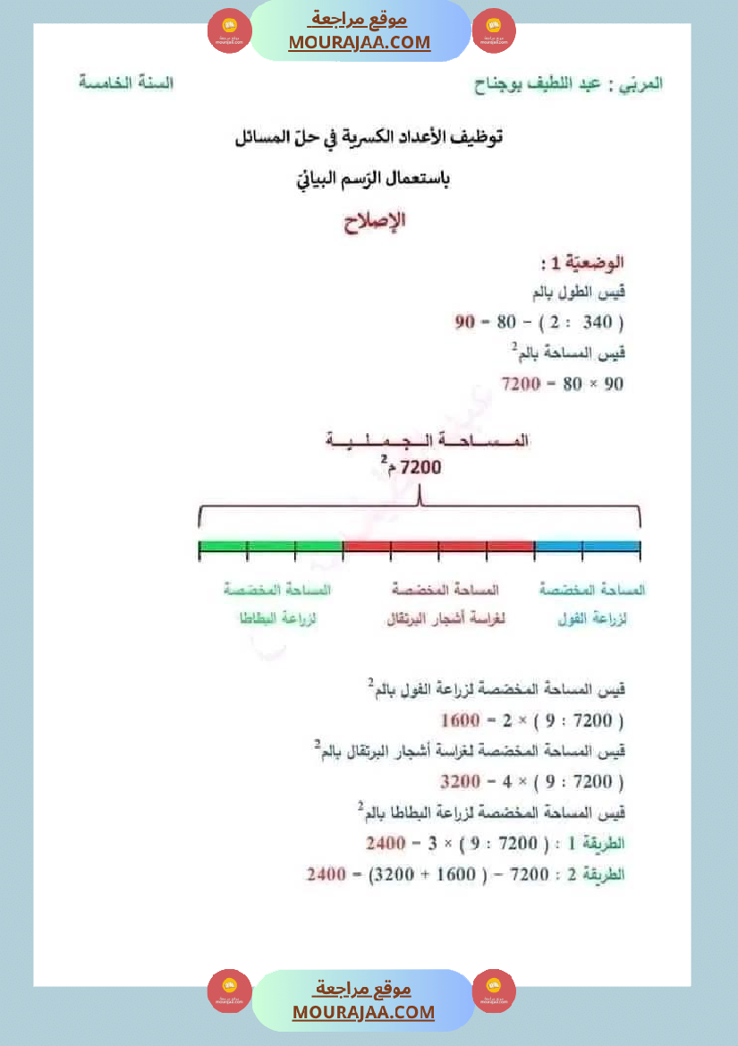 توظيف الاعداد الكسرية في حل المسائل سنة الخامسة