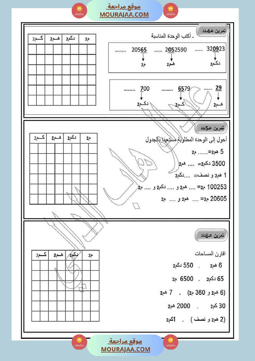 رياضيات سنة خامسة التصرف في وحدات قيس المساحة المتر مربع