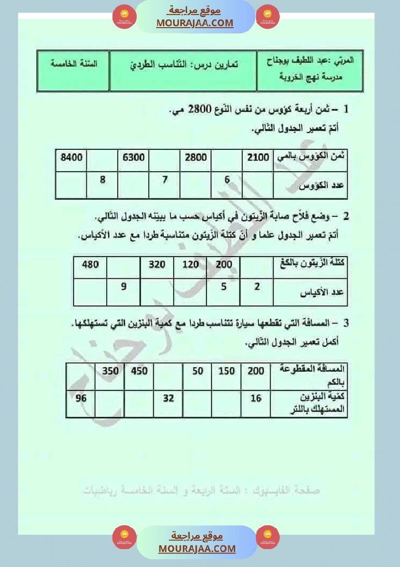 رياضيات لعباقرة السنة الخامسة التناسب الطردي