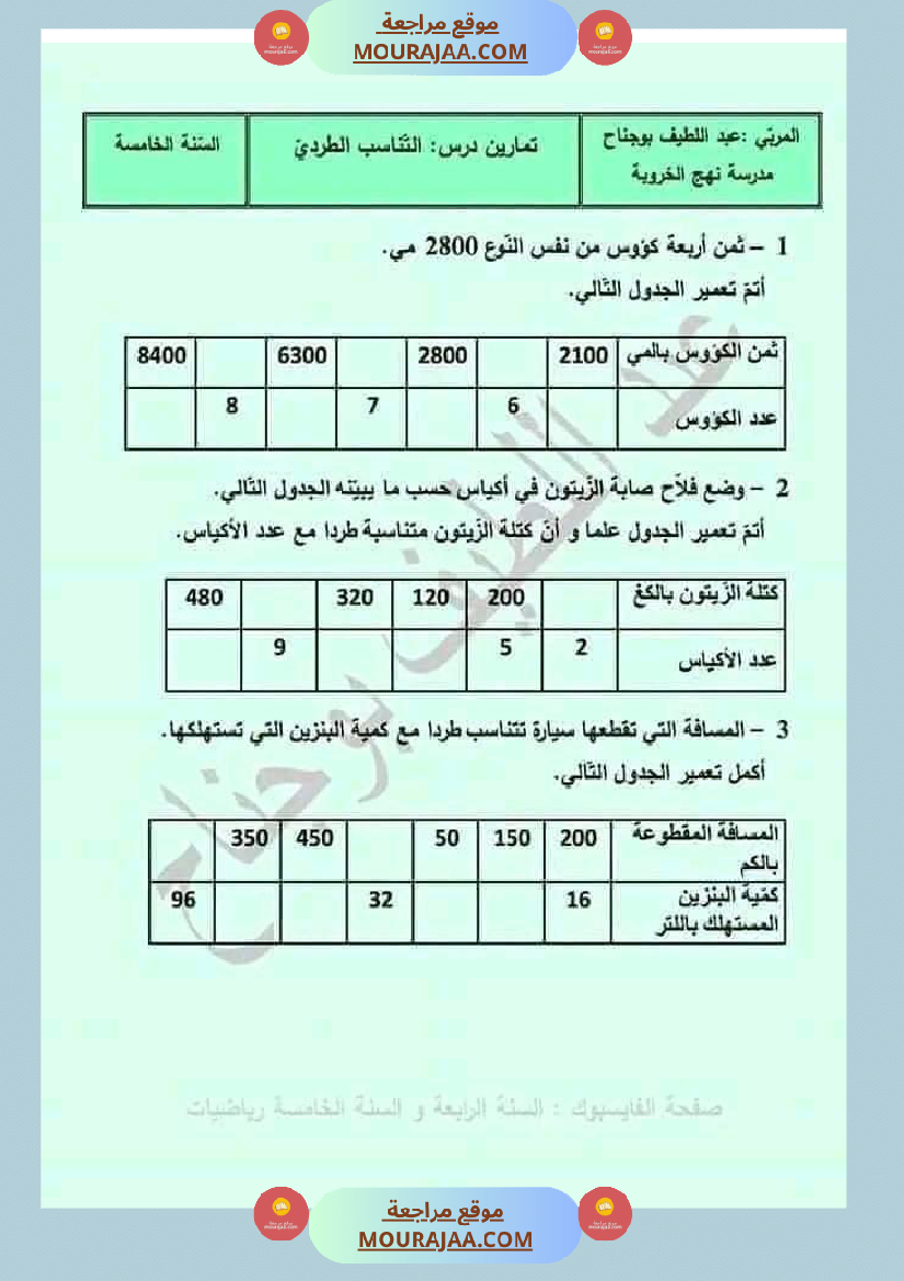 سنة خامسة رياضيات ثلاثي 2
