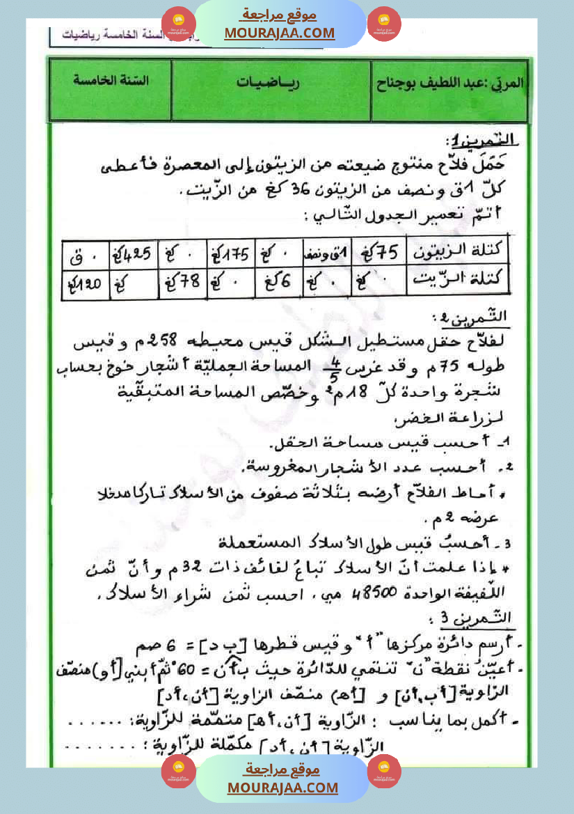 سنة خامسة رياضيات مع الإصلاح