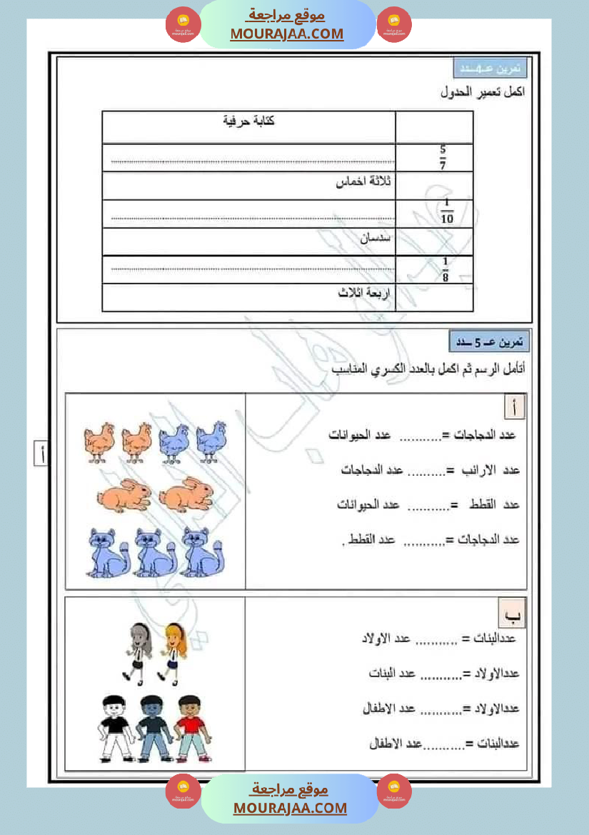 سنة خامسة وضعيات للاعداد الكسرية مع الإصلاح