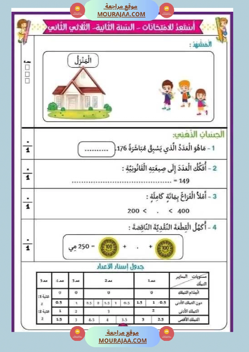 امتحان سنة ثانية ابتدائي رياضيات الثلاثي الثاني
