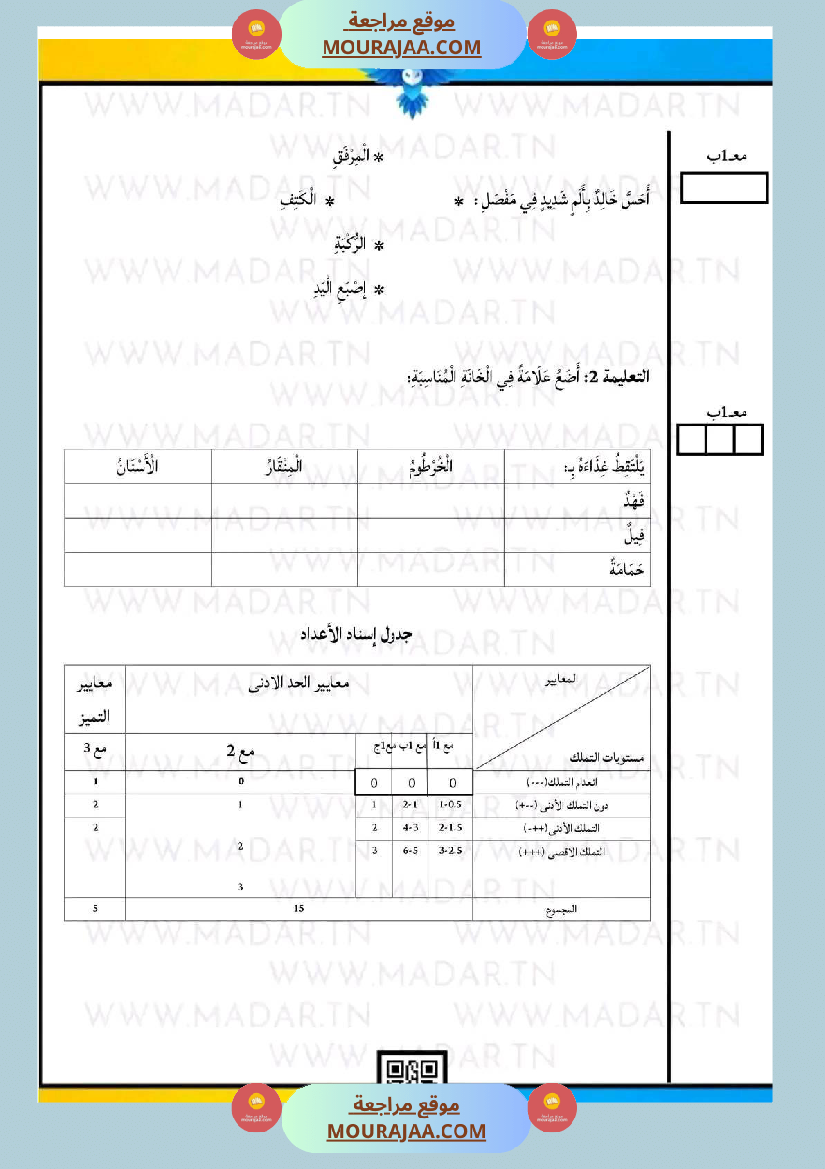 اختبار فيسنة ثانية ابتدائي ايقاظ علمي الثلاثي الثاني