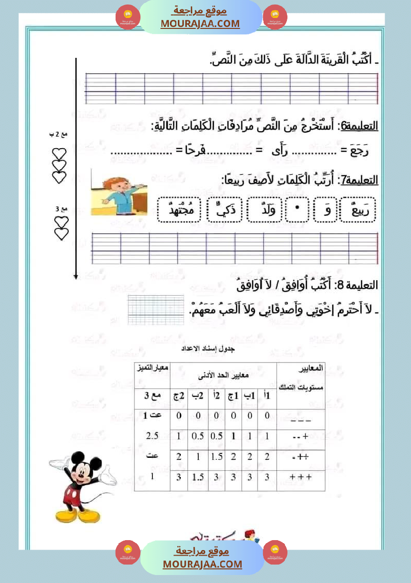اختبار فيسنة أولى ابتدائي قراءة الثلاثي الثاني