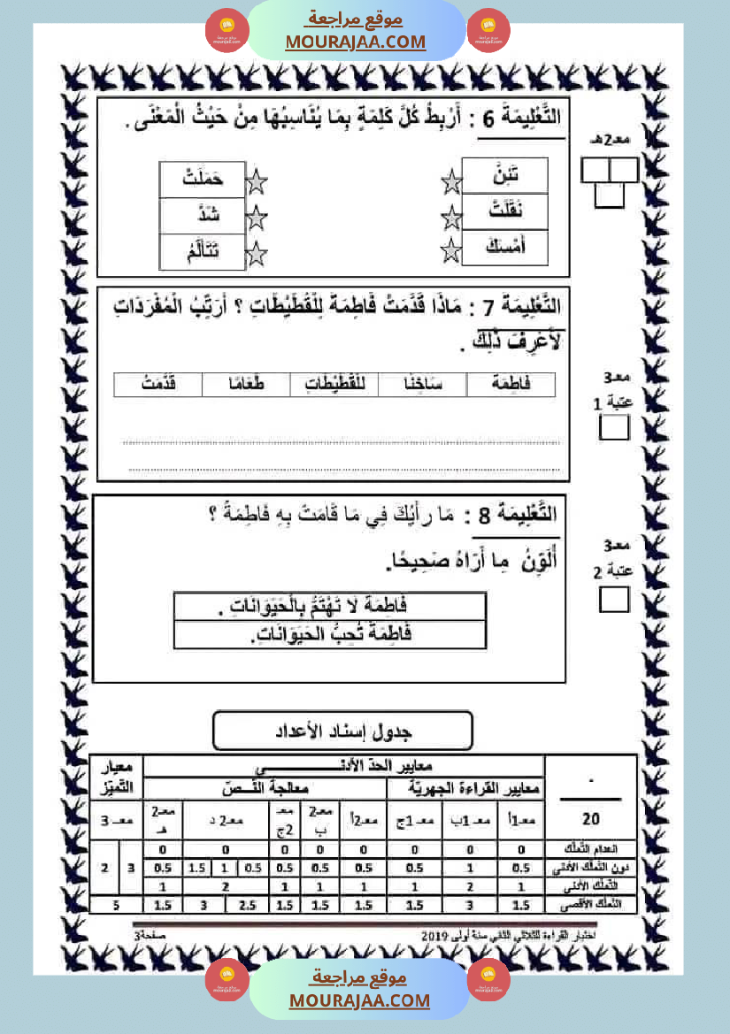 اختبار فيسنة أولى ابتدائي قراءة الثلاثي الثاني