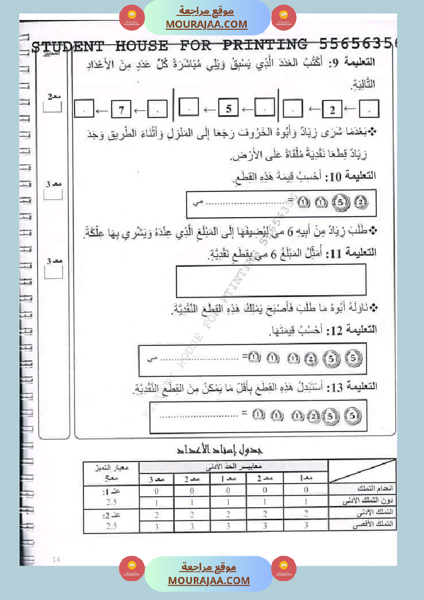 اختبار سنة أولى ابتدائي رياضيات الثلاثي الثاني
