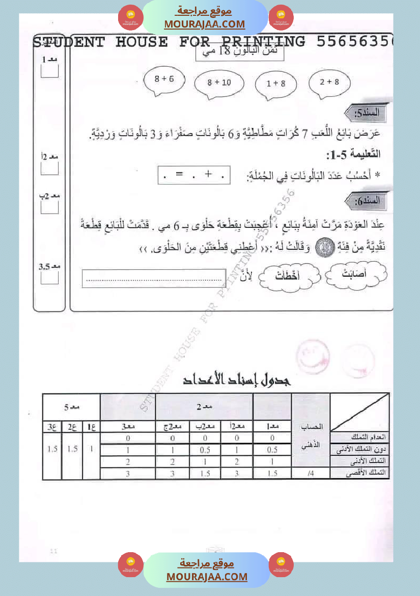 اختبار سنة أولى ابتدائي رياضيات الثلاثي الثاني