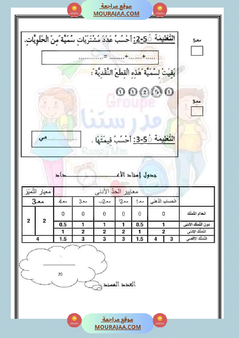اختبار فيسنة أولى ابتدائي رياضيات الثلاثي الثاني
