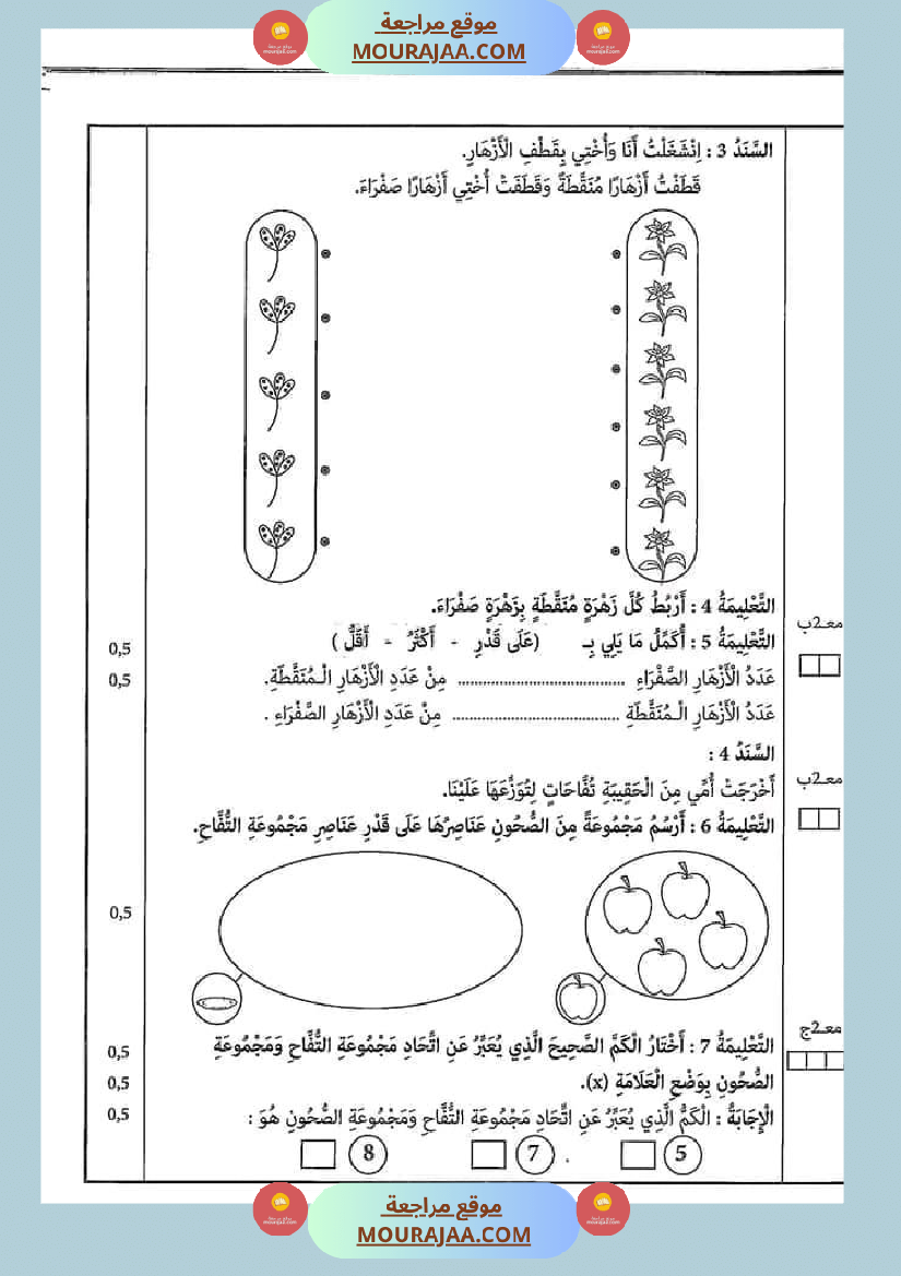 امتحان سنة أولى ابتدائي رياضيات الثلاثي الثاني