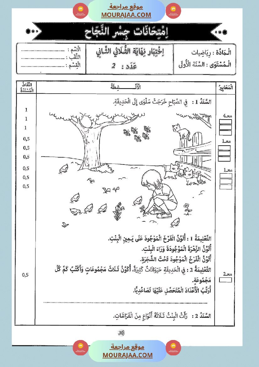 امتحان سنة أولى ابتدائي رياضيات الثلاثي الثاني